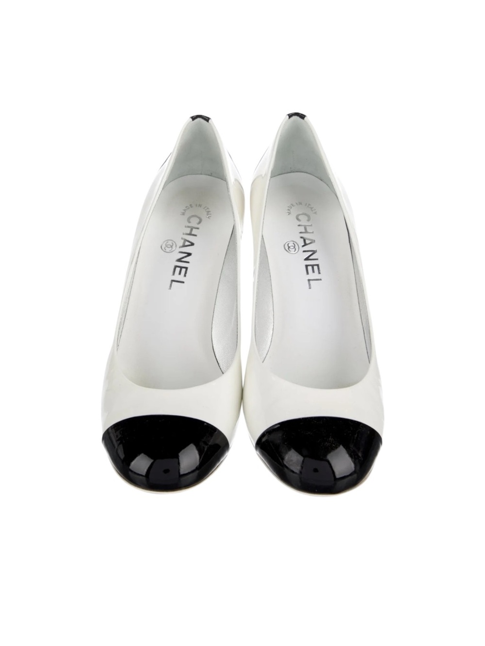 CHANEL White Leather Ballet Flats with Black Patent Cap Toe